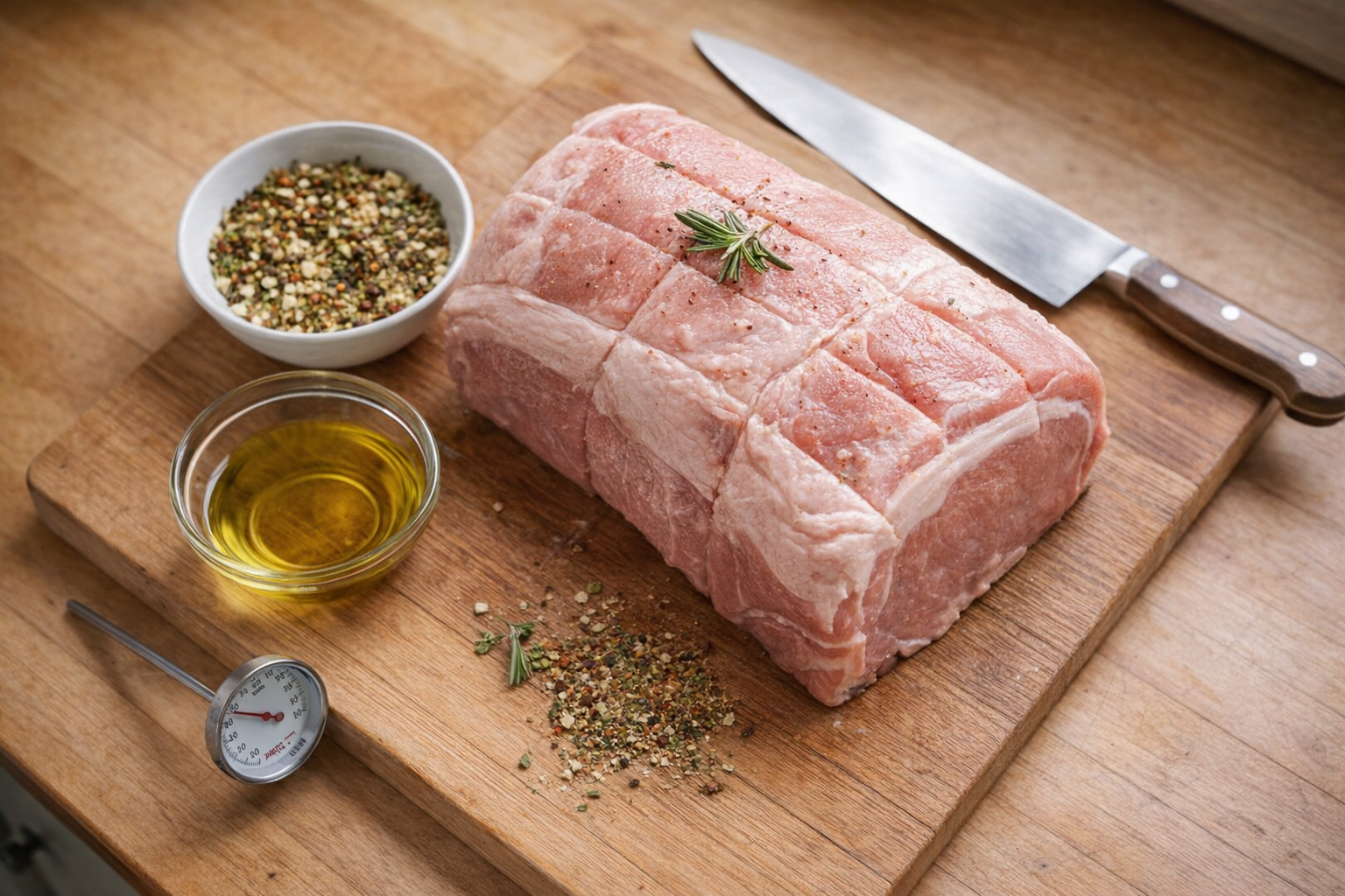 An overhead shot of a raw pork loin roast on a cutting board, alongside a bowl of mixed spices, olive oil, a meat thermometer, and a carving knife, bright kitchen lighting